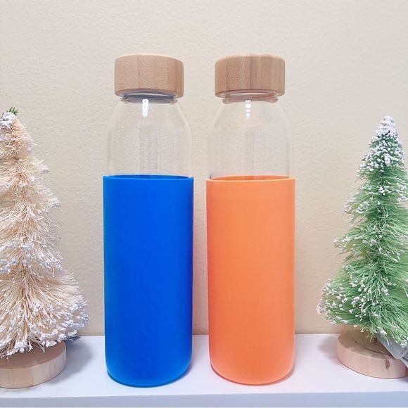 None Other - 2x Reusable Glass Water Bottle With Bamboo Lid 18.5 oz